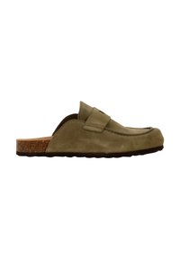 Moccasin-style slip-on shoe in olive green suede with a cork sole, featuring a cushioned footbed and a wide strap across the instep.