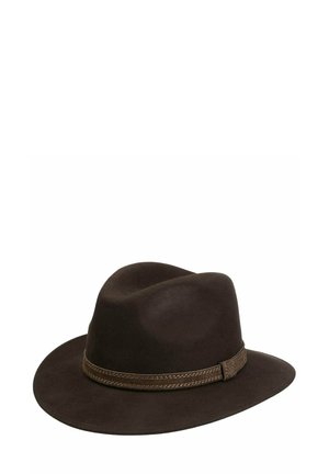 Dunkelbrauner Fedora-Hut mit breiter Krempe und passendem, abgestepptem Band um die Basis der Krone auf weißem Hintergrund.