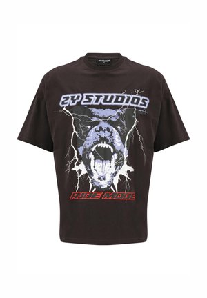 Black cotton T-shirt featuring a graphic of a roaring gorilla with lightning accents, "ZY STUDIOS" text above and "RIDE MODE" below in red.