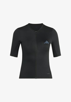 Sort kortærmet atletisk top med lynlås foran, tekstureret stof og en lyseblå Adidas-logo på brystet. Har et tætsiddende design.