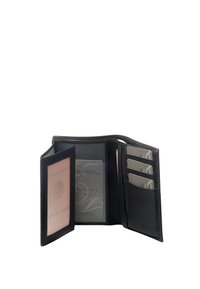 Portefeuille en cuir noir avec plusieurs emplacements pour cartes, un porte-documents transparent, et une finition lisse et texturée. Design simple et pratique.
