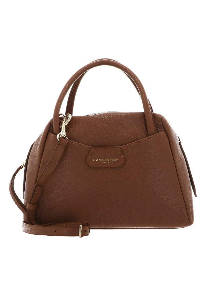 Sac à main en cuir marron avec une forme structurée, doté de deux poignées supérieures et d'une bandoulière réglable. Matériel doré et détail de marque.
