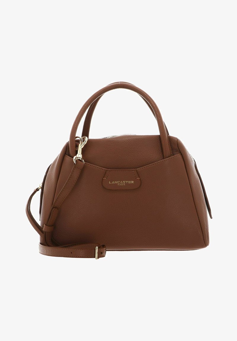 Borsa a mano in pelle marrone con una forma strutturata, dotata di due manici superiori e di una tracolla regolabile. Finiture in metallo dorato e dettagli di branding.