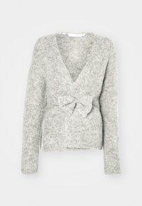 Cardigan gri tricotat cu decolteu în V, mâneci lungi și detaliu cu legare în față. Textură moale, cu o croială lejeră și un model subtil de heather.