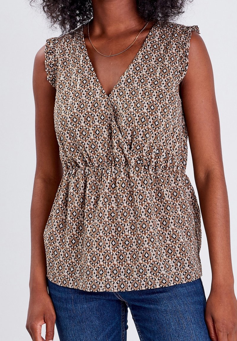 Haut léger à motif marron et crème, avec encolure en V, manches à volants et taille froncée pour une coupe décontractée.
