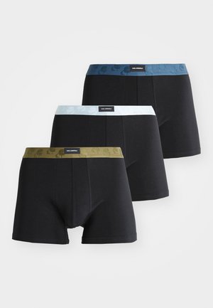 Három pár fekete boxer alsónadrág, színes gumis derékkal, amelyek kék, világoskék és olíva színűek, mintás díszítéssel és márk logóval.