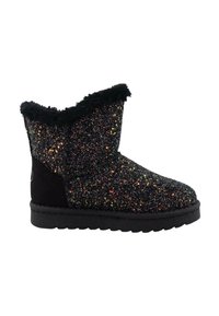 Schwarze Stiefeletten mit glitzernder Oberfläche, weichem schwarzem Fellbesatz am oberen Rand, Wildleder-Seiteneinsätzen und flacher schwarzer Sohle.