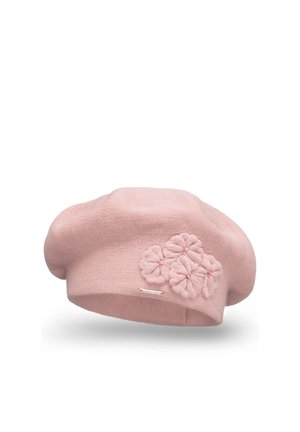 Beret tricotat roz, cu o formă rotundă. Prezintă accente de flori brodate pe o parte și un mic eticheta decorativă coasă pe margine.
