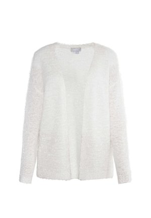 Puszysty biały kardigan z otwartym przodem, długimi rękawami i fakturowaną powierzchnią. Wykonany z miękkiego, lekkiego materiału dla zachowania komfortu.