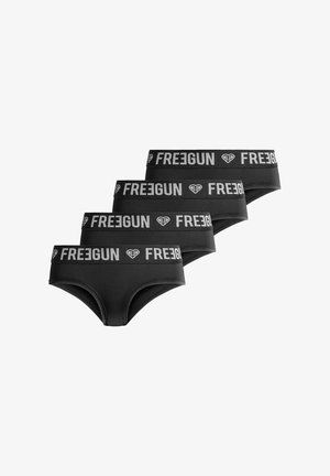 Quatre slips noirs pour hommes avec de larges ceintures élastiques portant le nom de la marque "FREEGUN" et un logo en forme de cœur gris.