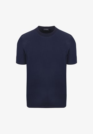 Navyblauw t-shirt met korte mouwen, gemaakt van zachte katoenstof, met een ronde hals en een regular fit. Het heeft een minimalistisch ontwerp zonder patroons.