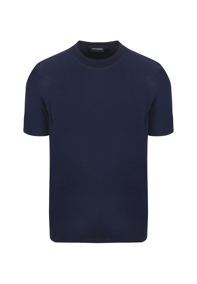 Navyblauw t-shirt met korte mouwen, gemaakt van zachte katoenstof, met een ronde hals en een regular fit. Het heeft een minimalistisch ontwerp zonder patroons.