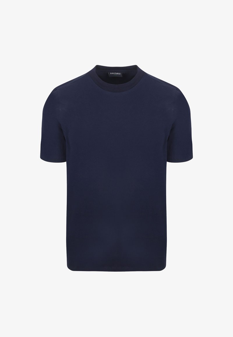 Navyblauw t-shirt met korte mouwen, gemaakt van zachte katoenstof, met een ronde hals en een regular fit. Het heeft een minimalistisch ontwerp zonder patroons.