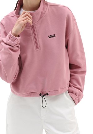 Rosa, gekürzter Sweatshirt mit einem Viertel-Reißverschluss-Kragen und elastischen Bündchen. Verfügt über einen Kordelzug am Saum und ein schwarzes Vans-Logo auf der Brust.