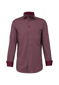 Camicia bordeaux con bottoni, caratterizzata da un piccolo motivo geometrico, polsini a tinta unita in contrasto e taschino sul petto. Tessuto di cotone testurizzato.