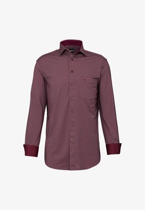 Camicia bordeaux con bottoni, caratterizzata da un piccolo motivo geometrico, polsini a tinta unita in contrasto e taschino sul petto. Tessuto di cotone testurizzato.