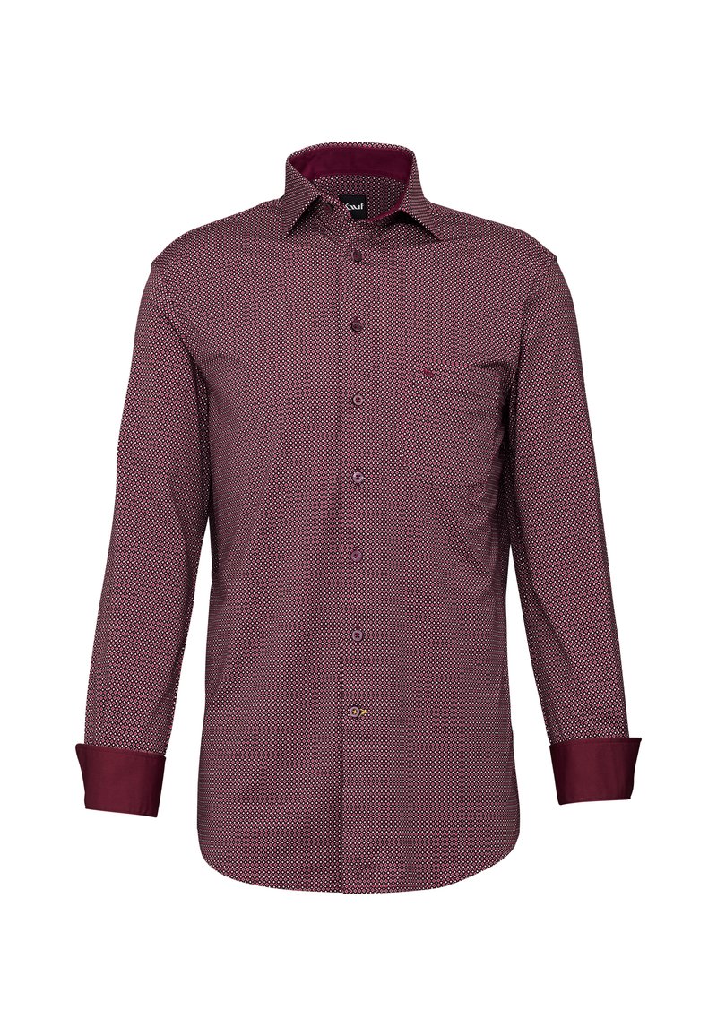 Camicia bordeaux con bottoni, caratterizzata da un piccolo motivo geometrico, polsini a tinta unita in contrasto e taschino sul petto. Tessuto di cotone testurizzato.