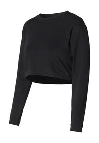 Zwarte cropped sweatshirt met lange mouwen, ronde halslijn en zachte textuur. Heeft een ontspannen pasvorm en een minimalistisch ontwerp.
