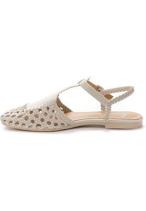 Light beige woven sandals with an open-toe design, flat sole, and a braided ankle strap for secure fit. Smooth leather upper with textured detailing.