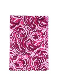 Foulard rosa e bordeaux con un design a vortice, caratterizzato da una texture morbida e bordi sfrangiati.