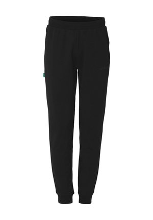 Schwarze Fleece-Jogginghosen mit elastischem Bund, seitlichen Taschen, tapered Bein Design und dezentem Branding am Oberschenkel. Weiche Textur.