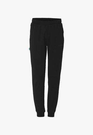 Schwarze Fleece-Jogginghosen mit elastischem Bund, seitlichen Taschen, tapered Bein Design und dezentem Branding am Oberschenkel. Weiche Textur.