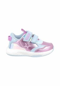 Scarpa sportiva di colore blu chiaro e rosa con accenti iridescenti, design a stella, due strap in Velcro, parte superiore testurizzata e suola bianca ammortizzata.