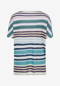 Kortærmet T-shirt med vandrette striber i varierende nuancer af teal, lilla og creme, med en afslappet pasform og blød tekstur.