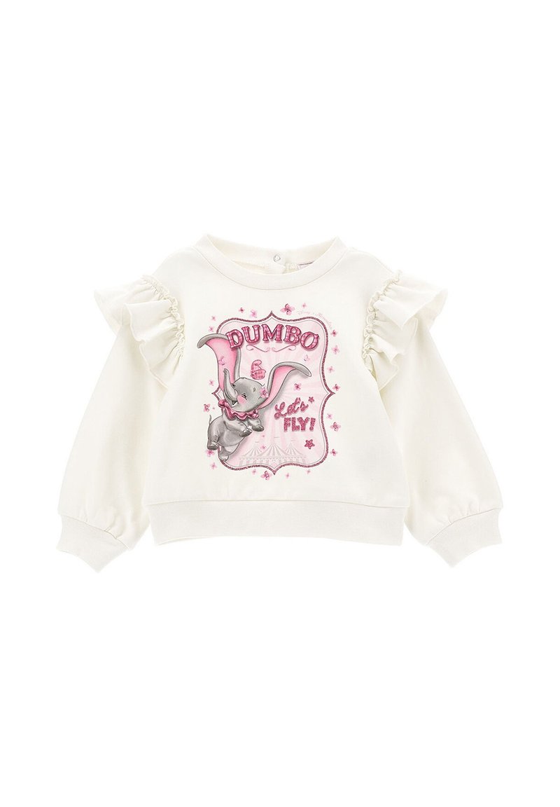 Felpa bianca con maniche arricciate, caratterizzata da una grafica di Dumbo in rosa e grigio. Il design include il testo "DUMBO" e "Voliamo" con stelle.