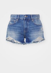 Džínové šortky modré barvy s vysokým pasem, s opotřebovanými detaily, třepeným lemem a pěti kapsami, s kovovým knoflíkem a zipem.