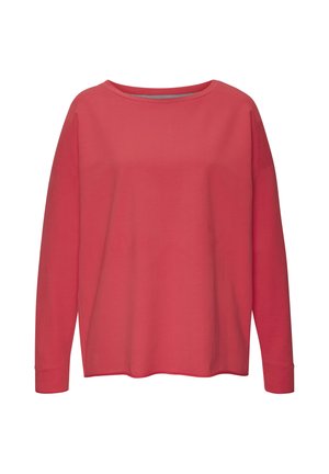 Rotes Langarmshirt mit Rundhalsausschnitt, lockerem Schnitt und einfachem Design, auf weißem Hintergrund dargestellt.