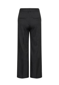 Black wide-leg trousers made of textured fabric. Features a smooth waistband and two back pockets with narrow, neat pleats.