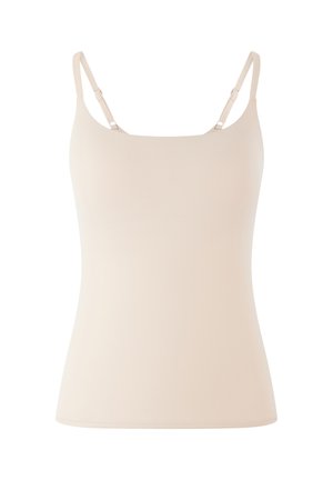 Beige Tanktop mit verstellbaren Spaghetti-Trägern, nahtlosem Design, weicher Textur und taillierter Silhouette. Keine Muster oder weiteren Details.