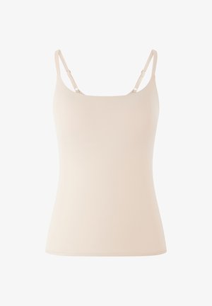 Beige tank top with adjustable spaghetti straps, seamless design, soft texture, and a fitted silhouette. No patterns or additional details.