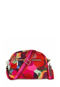 Borsa a tracolla con un motivo astratto multicolore che presenta sfumature di rosa, rosso, verde e blu. Include una zip frontale e una tracolla regolabile.