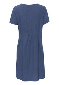 Short-sleeve dress in dark blue denim-like fabric, featuring a rounded neckline, gathered waist, and two side pockets. Smooth texture.