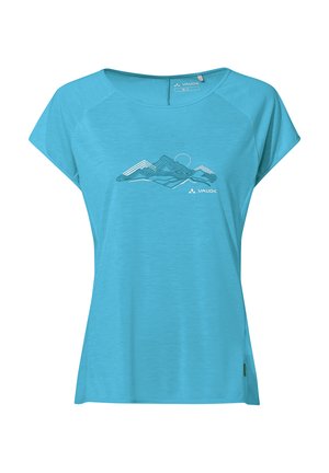 Blaues Damen-Sport-T-Shirt mit kurzen Ärmeln, Berggrafik und "VAUDE"-Logo auf der Brust, Rundhalsausschnitt und Raglanärmeln.