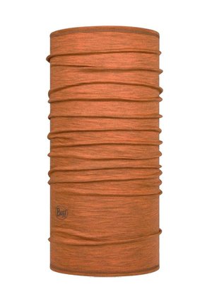 Buff headwear in a textured, burnt orange tone, featuring a seamless design with gathered fabric for stretch and versatility.