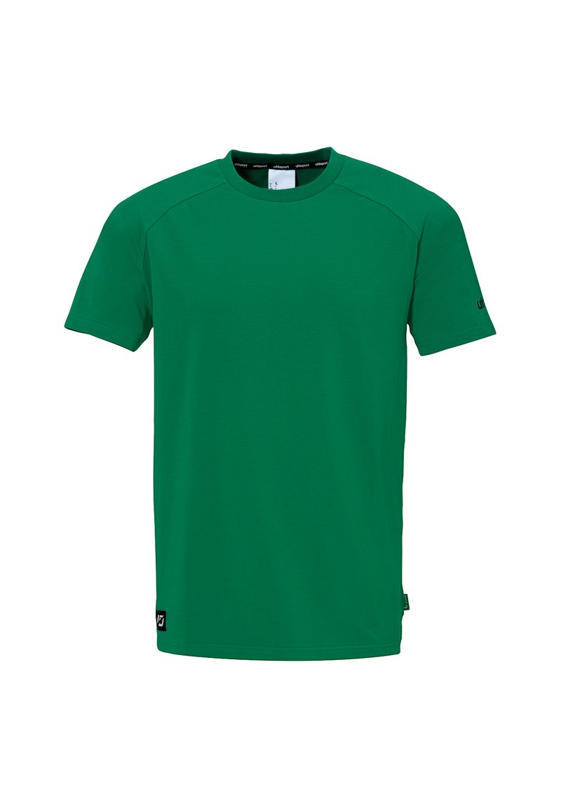 Grøn kortærmet t-shirt lavet af glat stof. Har en rund halsudskæring, raglanærmer og et lille logo-mærke på siden.