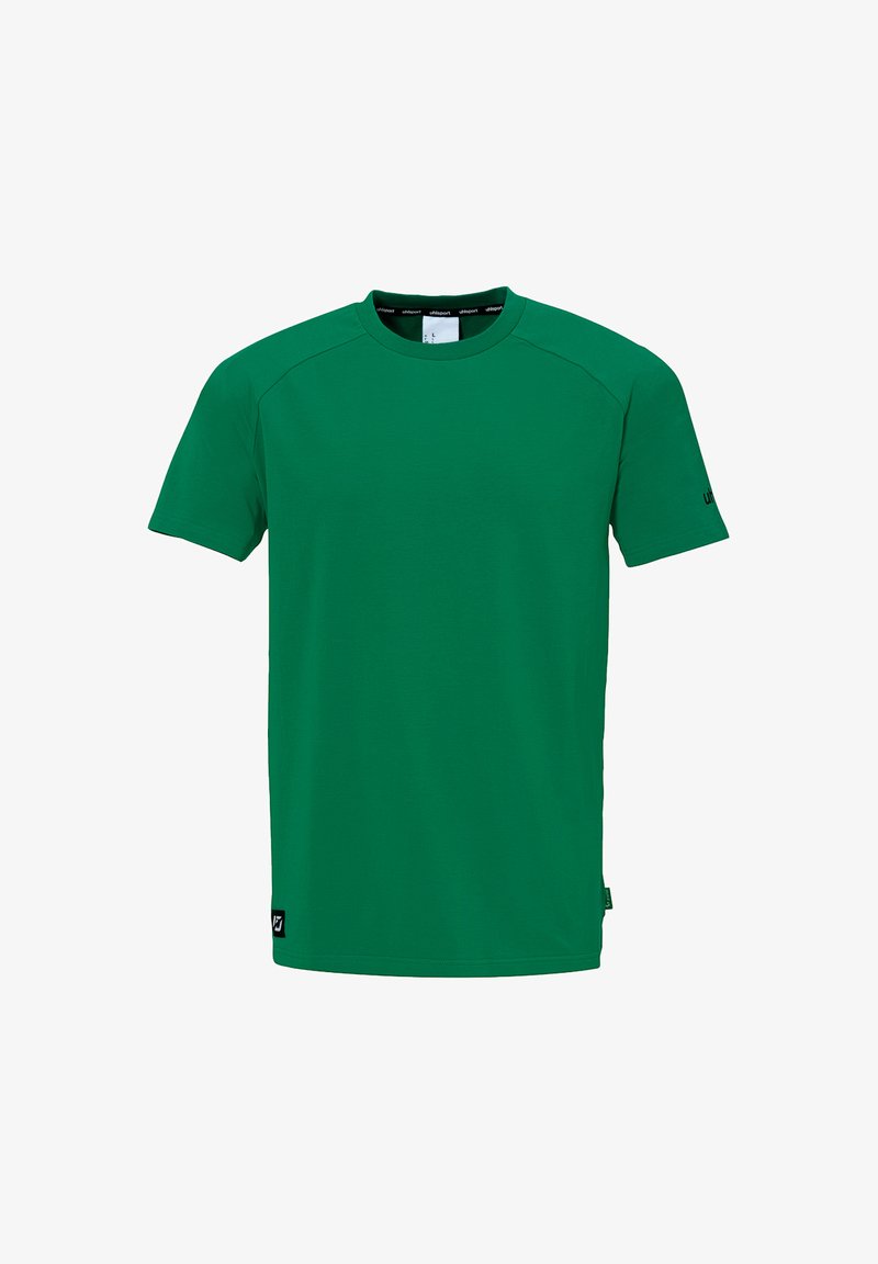 Grøn kortærmet t-shirt lavet af glat stof. Har en rund halsudskæring, raglanærmer og et lille logo-mærke på siden.