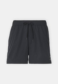 Sorte elastiske shorts med snor i livet og sidelommer, ensfarget design på hvit bakgrunn.