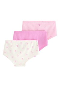 Tre par pigebukser i pink og hvid bomuld. Et par pink med subtilt mønster, to nuancer af ensfarvet pink og et par hvide med pink design.