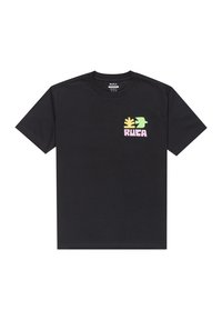 Zwarte katoenen t-shirt met een voorzakontwerp, versierd met groene, gele en roze graphics en het woord "RVCA" in vetgedrukte letters.