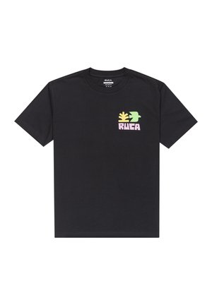 Schwarzes Baumwoll-T-Shirt mit einem Design auf der Vorderseite, das eine Brusttasche mit grünen, gelben und rosa Grafiken sowie dem Wort "RVCA" in fetten Buchstaben zeigt.