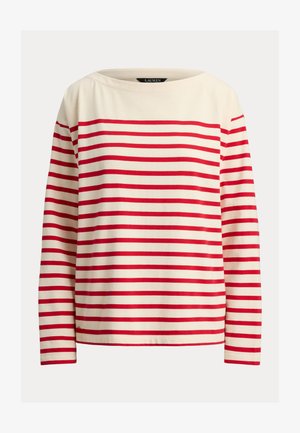Long-sleeve, cream-colored shirt with red horizontal stripes and a boat neckline.