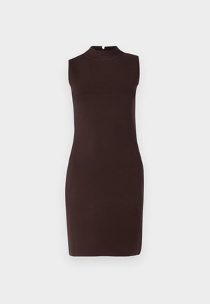 Brown sleeveless fitted dress with a high neck, made of smooth fabric, featuring a minimalist design and knee-length cut.