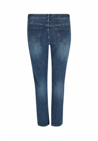 Blauwe spijkerbroek met een aansluitend model, een taille op middenhoogte en twee achterzakken. De stof heeft een gladde textuur met een vervaagde afwerking.