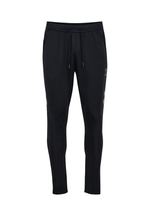 Zwarte sportbroek met een taillekoord, twee zijzakken en een taps toelopende pasvorm. Gemaakt van een glad, rekbaar materiaal.