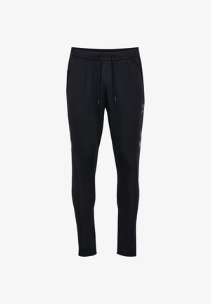 Zwarte sportbroek met een taillekoord, twee zijzakken en een taps toelopende pasvorm. Gemaakt van een glad, rekbaar materiaal.