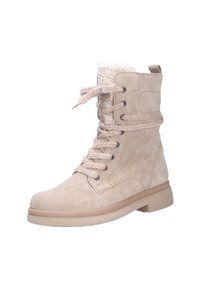 Stivale beige in suede con lacci, colletto in pelliccia sintetica, punta arrotondata e suola in gomma leggera. Presenta occhielli in metallo e una texture morbida.